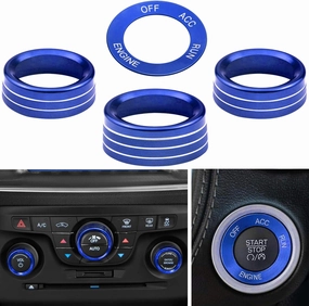 for Challeger Air Conditioner Turn Signal Light Climate Volume Auto Center Console Knob Ring Compatible with Dodge Challenger/Charger/Chrysler Stop Start Button Sticker 2015-2019 (Blue)