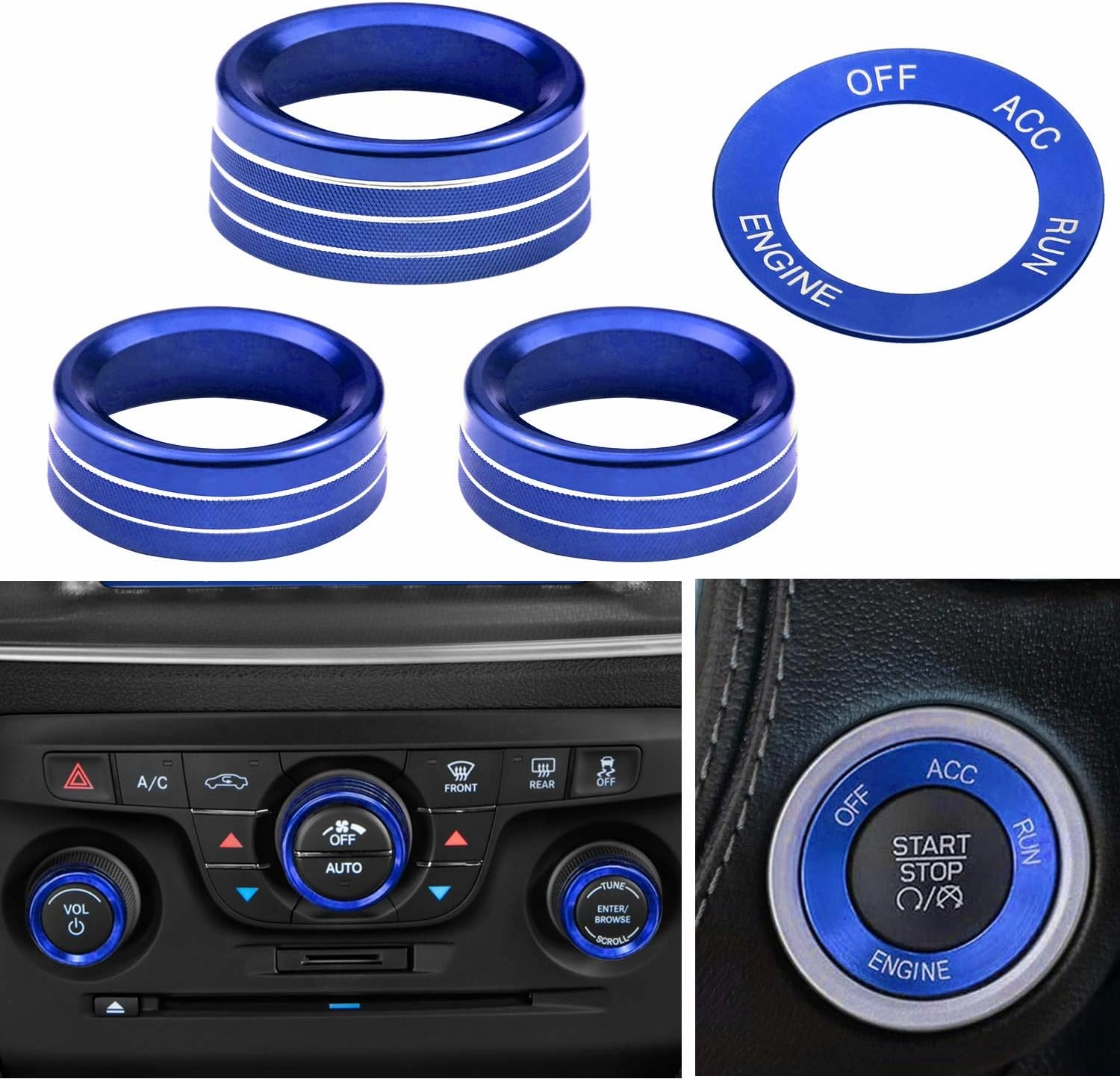 for Challeger Air Conditioner Turn Signal Light Climate Volume Auto Center Console Knob Ring Compatible with Dodge Challenger/Charger/Chrysler Stop Start Button Sticker 2015-2019 (Blue)