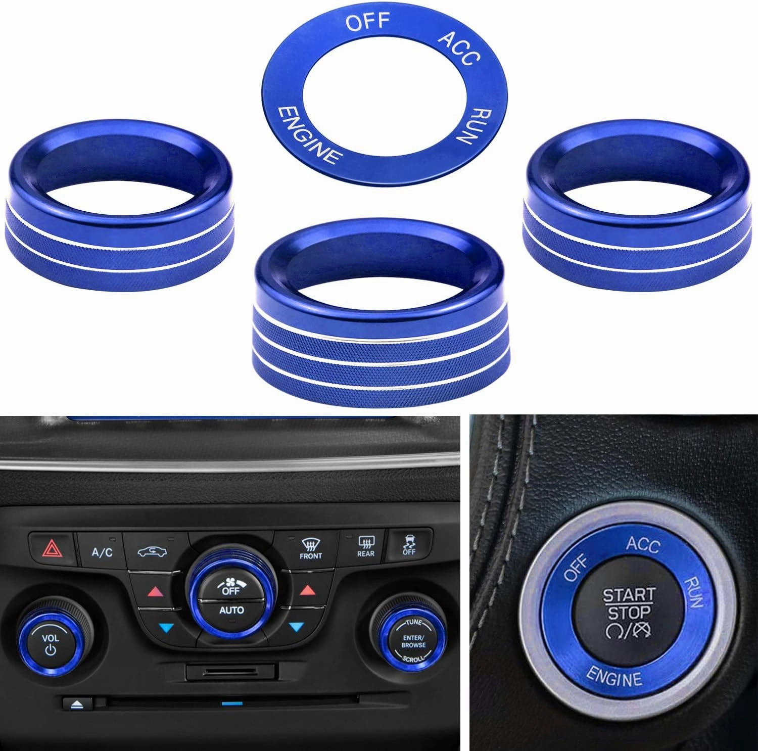 for Challeger Air Conditioner Turn Signal Light Climate Volume Auto Center Console Knob Ring Compatible with Dodge Challenger/Charger/Chrysler Stop Start Button Sticker 2015-2019 (Blue)