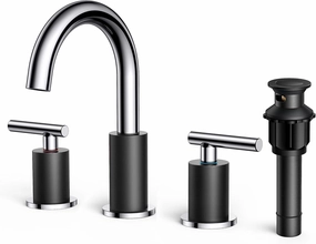 FORIOUS Chrome and Black 8 Inch Widespread Bathroom Faucet 3 Hole Vanity with Pop Up Drain and 24 in Supply Hoses, 2 Handle Black Bathroom Sink Faucet with 360 Degree Rotating Spout