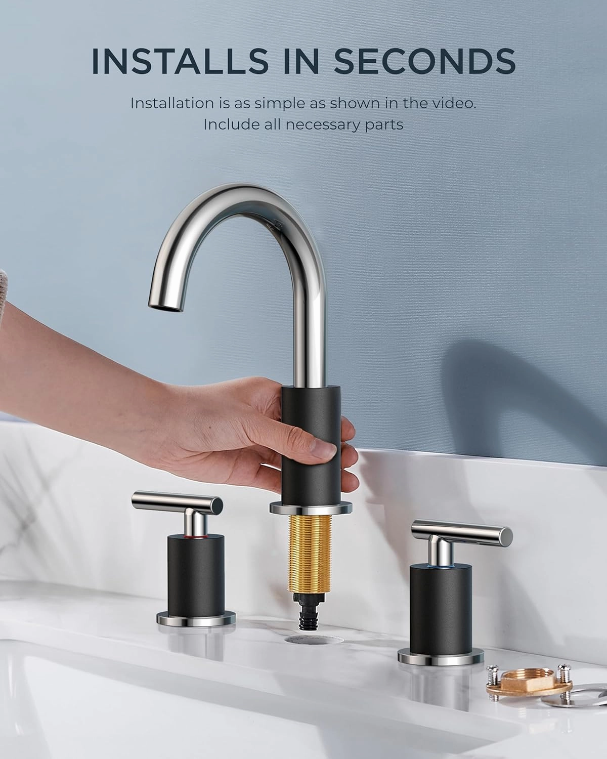 FORIOUS Chrome and Black 8 Inch Widespread Bathroom Faucet 3 Hole Vanity with Pop Up Drain and 24 in Supply Hoses, 2 Handle Black Bathroom Sink Faucet with 360 Degree Rotating Spout