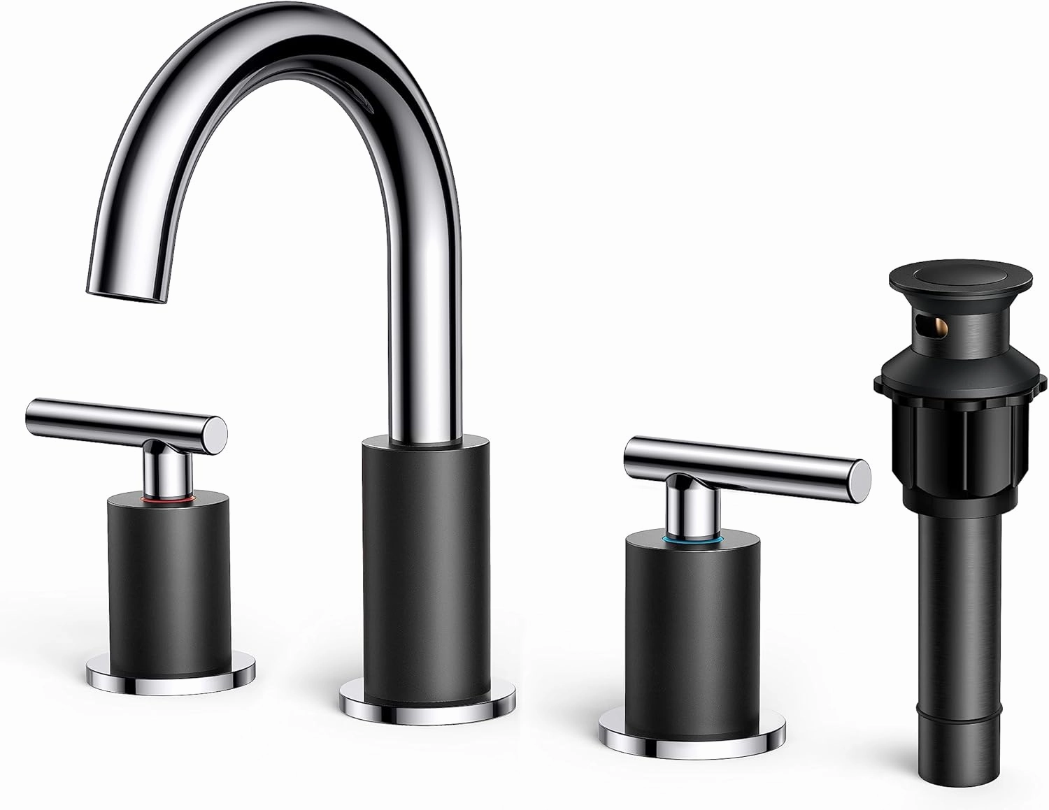 FORIOUS Chrome and Black 8 Inch Widespread Bathroom Faucet 3 Hole Vanity with Pop Up Drain and 24 in Supply Hoses, 2 Handle Black Bathroom Sink Faucet with 360 Degree Rotating Spout
