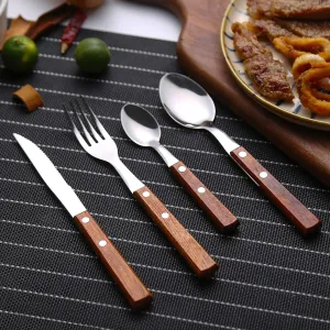 Forks and Spoons Silverware Set, HAPPY KIT Wooden Handle Flatware Set 16-Piece (4 Sets) 18/8 Stainless Steel Cutlery Set Wooden Spoons Dinner Knife Dinner Fork and Spoon Set