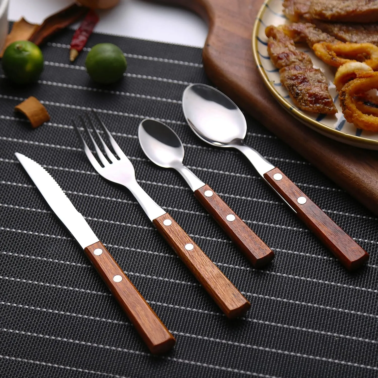 Forks and Spoons Silverware Set, HAPPY KIT Wooden Handle Flatware Set 16-Piece (4 Sets) 18/8 Stainless Steel Cutlery Set Wooden Spoons Dinner Knife Dinner Fork and Spoon Set