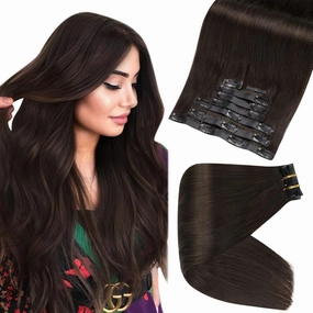 Full Shine Seamless Clip in Hair Extensions Darkest Brown Human Hair Straight 14 Inch & 24 Inch Total 8 Pieces