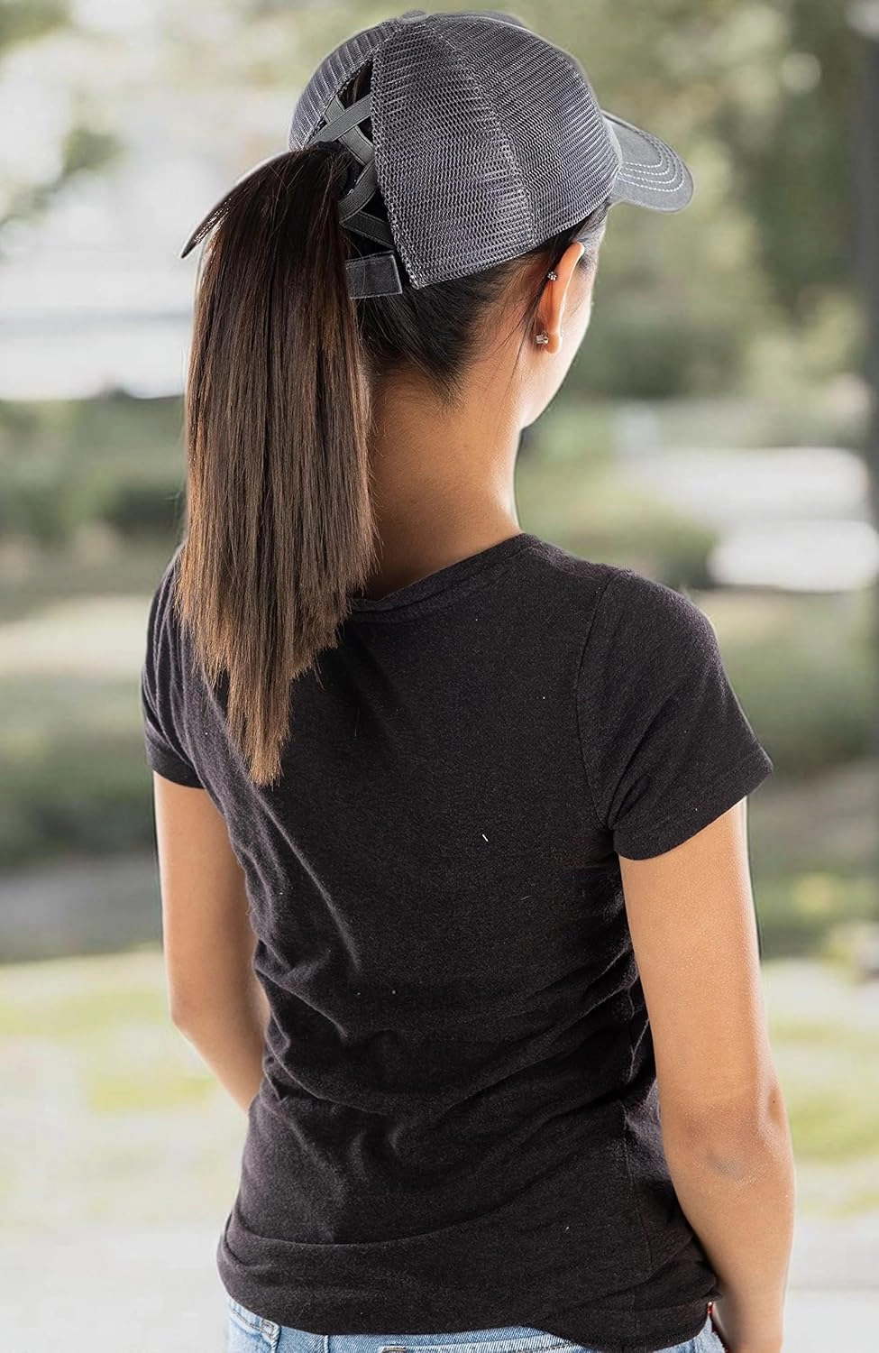 Funky Junque Women's Distressed Ponytail Mesh Trucker Cap - Criss Cross Elastic Bands