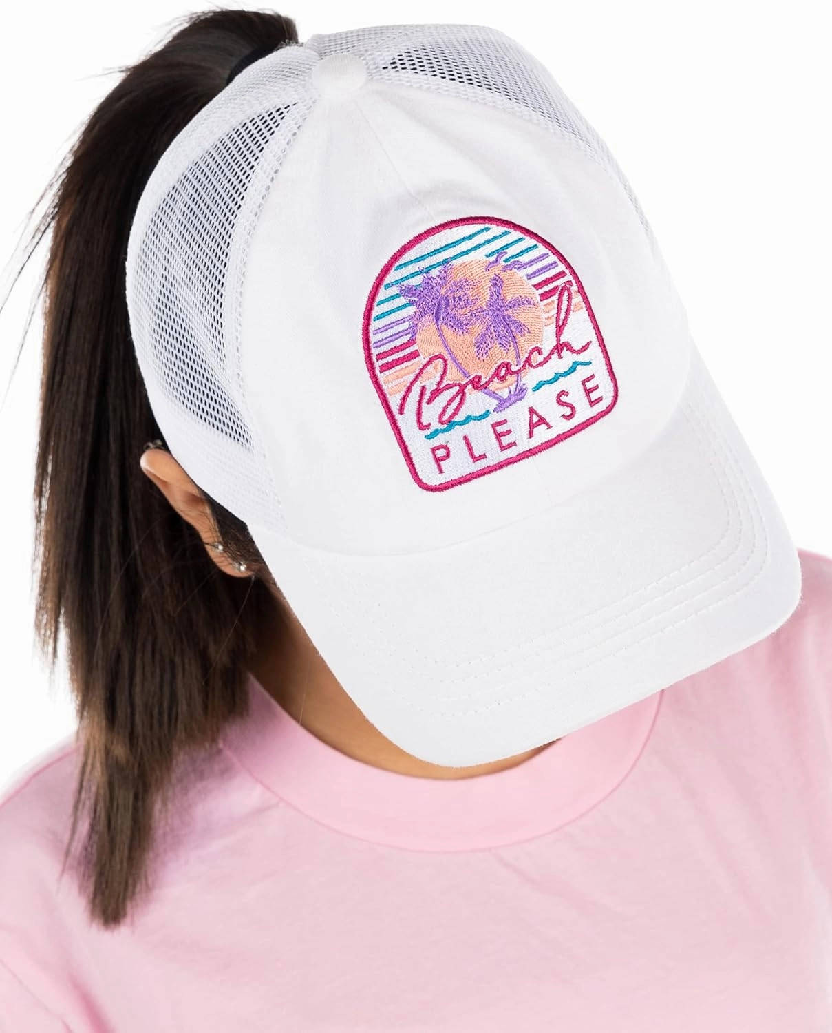 Funky Junque Women's Distressed Ponytail Mesh Trucker Cap - Criss Cross Elastic Bands