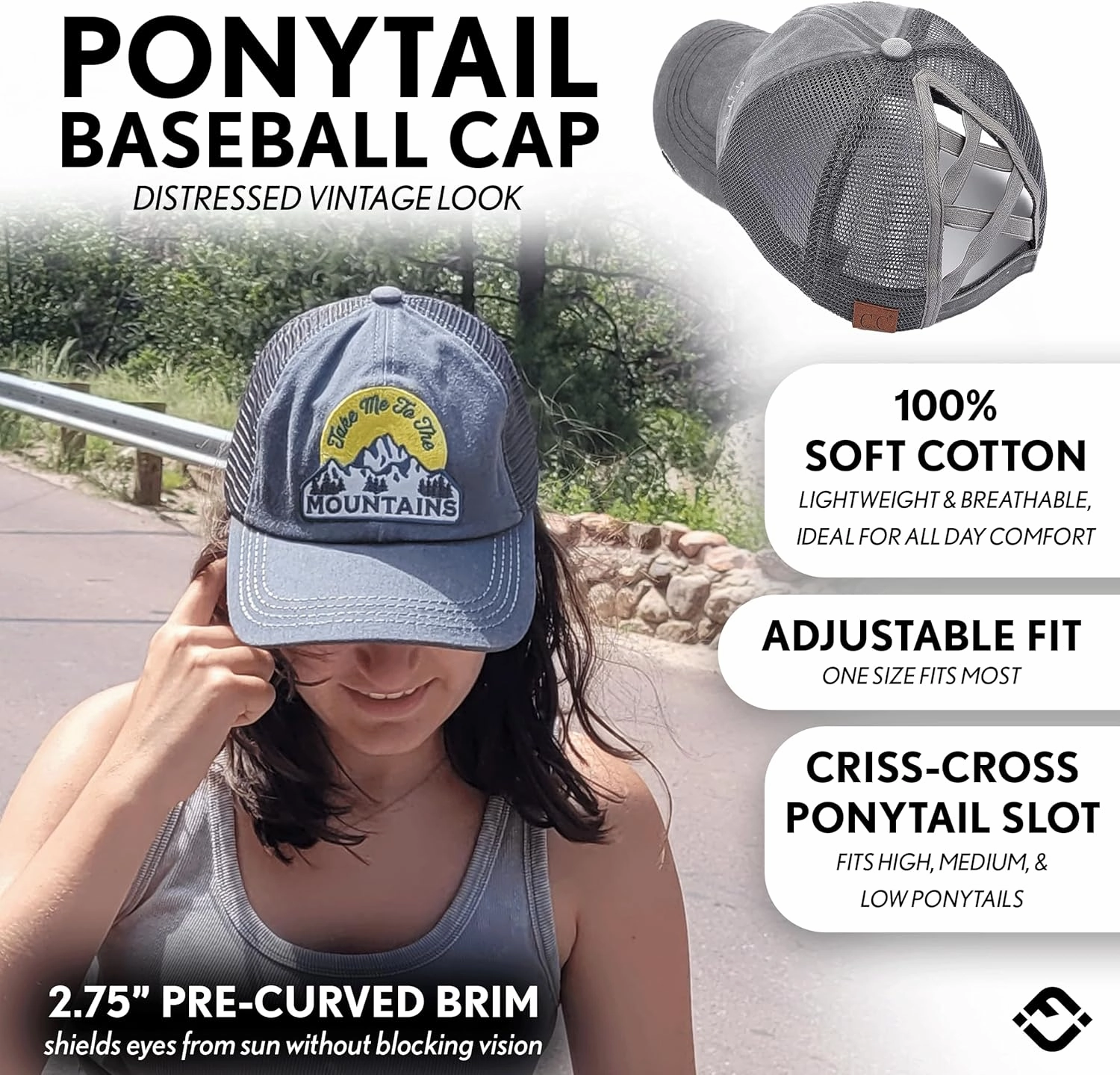 Funky Junque Women's Distressed Ponytail Mesh Trucker Cap - Criss Cross Elastic Bands