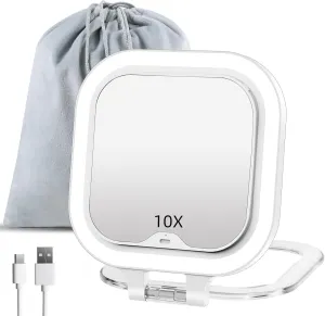 FUNTOUCH Compact Travel Lighted Makeup Mirror, Rechargeable Double-Sided 1X10X Magnification Mirror with 3 Lights, Handheld Tabletop Portable Hanginig Mirror with Bag, Dimmable Touch Screen