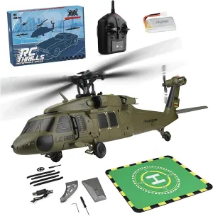 FunXylophy WL K170 Black Hawk RC Helicopter, 2.4G 4CH Flybarless 6-Axis Gyroscope Altitude Hovering RC Military Helicopter with Display Stand and Apron Takeoff Landing Pads (RTF Version)