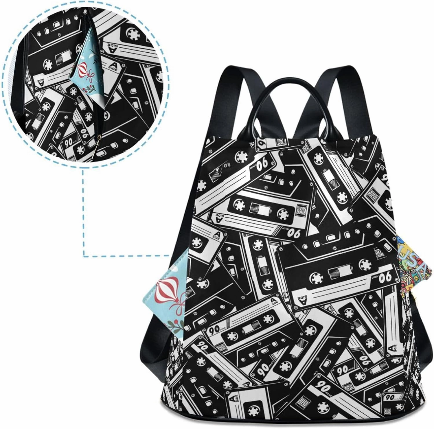 Fustylead Retro Black and White Cassette Tape Backpack Purse for Women Anti-theft Backpack Purse Travel Daypack
