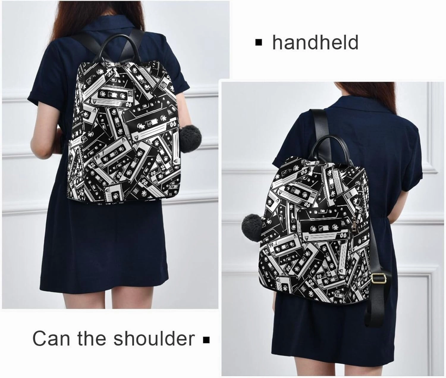 Fustylead Retro Black and White Cassette Tape Backpack Purse for Women Anti-theft Backpack Purse Travel Daypack