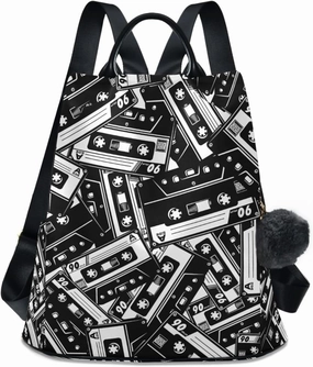 Fustylead Retro Black and White Cassette Tape Backpack Purse for Women Anti-theft Backpack Purse Travel Daypack