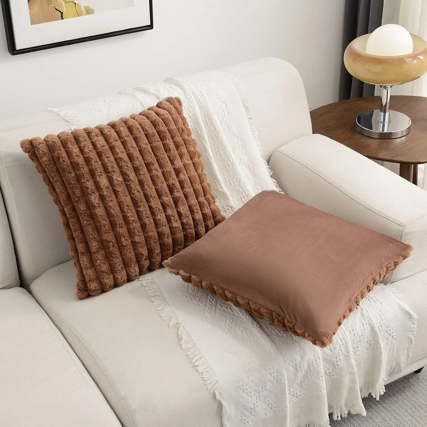 FUTEI Brown Decorative Throw Pillow Covers 18x18 Inch Set of 2,Square Cushion Case,Fluffy Faux Rabbit Fur Plaid & Soft Velvet Back,Modern Home Decor for Couch Bed