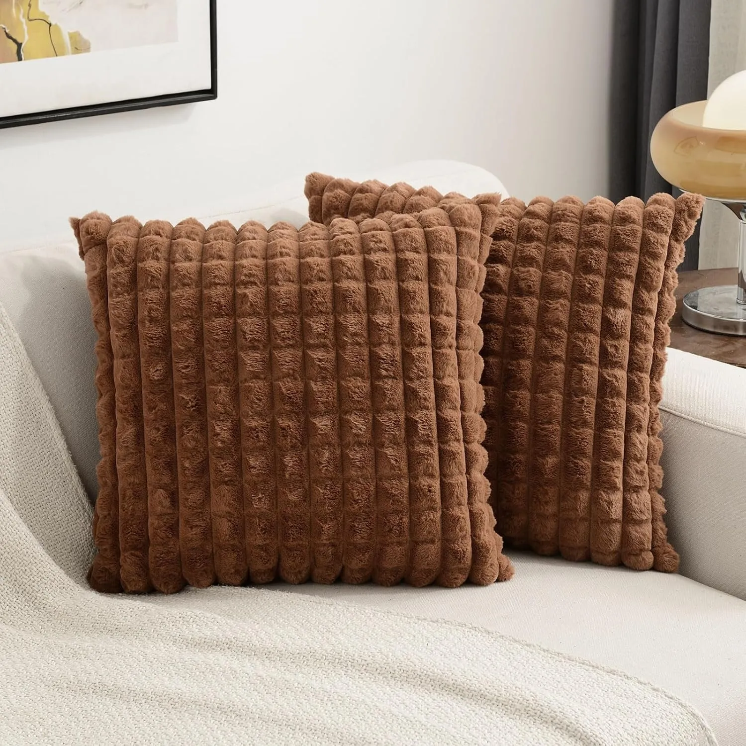 FUTEI Brown Decorative Throw Pillow Covers 18x18 Inch Set of 2,Square Cushion Case,Fluffy Faux Rabbit Fur Plaid & Soft Velvet Back,Modern Home Decor for Couch Bed