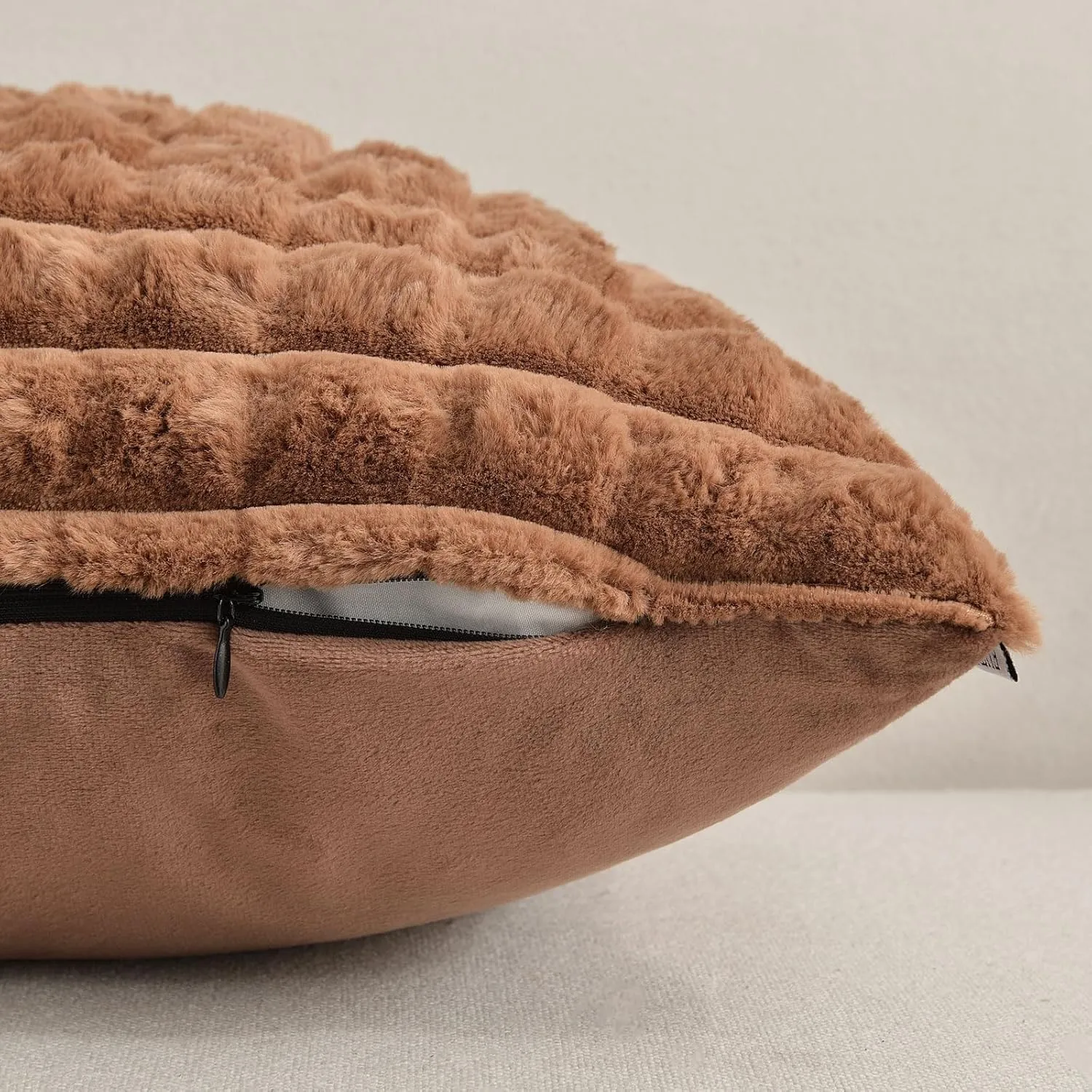 FUTEI Brown Decorative Throw Pillow Covers 18x18 Inch Set of 2,Square Cushion Case,Fluffy Faux Rabbit Fur Plaid & Soft Velvet Back,Modern Home Decor for Couch Bed