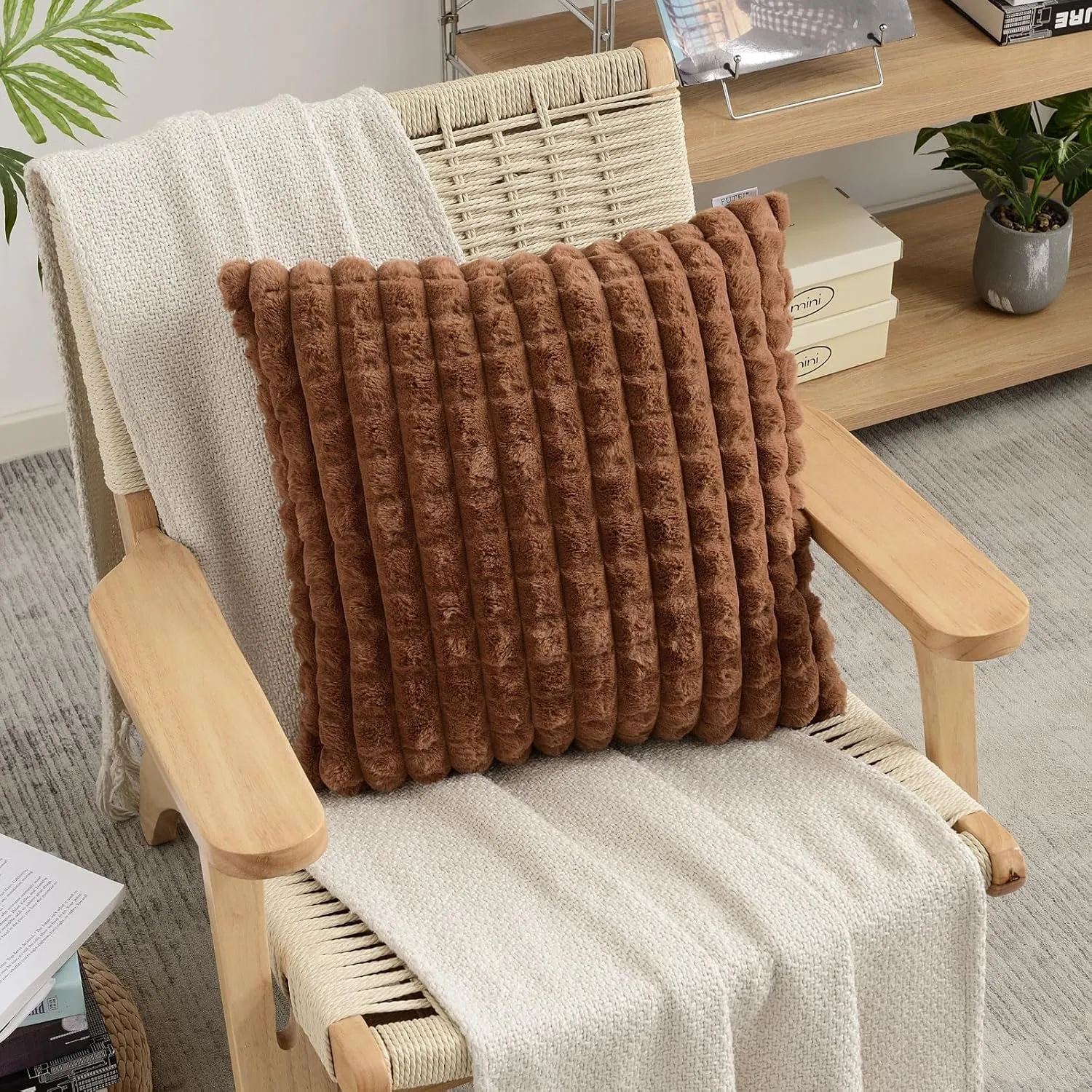 FUTEI Brown Decorative Throw Pillow Covers 18x18 Inch Set of 2,Square Cushion Case,Fluffy Faux Rabbit Fur Plaid & Soft Velvet Back,Modern Home Decor for Couch Bed