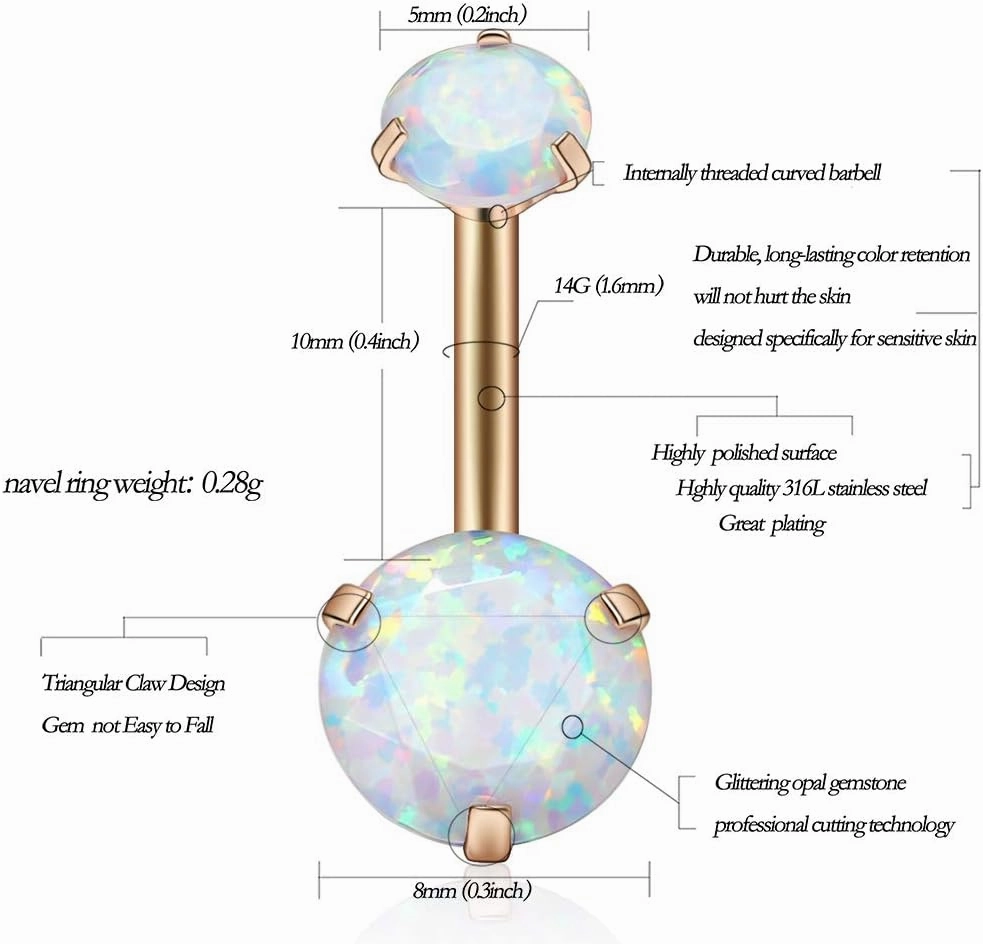 Gabry&jwl Opal Belly Button Rings 14G Surgical Steel Internally Threaded Rose Gold Belly Ring for Women Navel Rings Belly Piercing Jewelry,Opal DIA/Weight 5mm(0.3ct)/8mm(1.0ct)