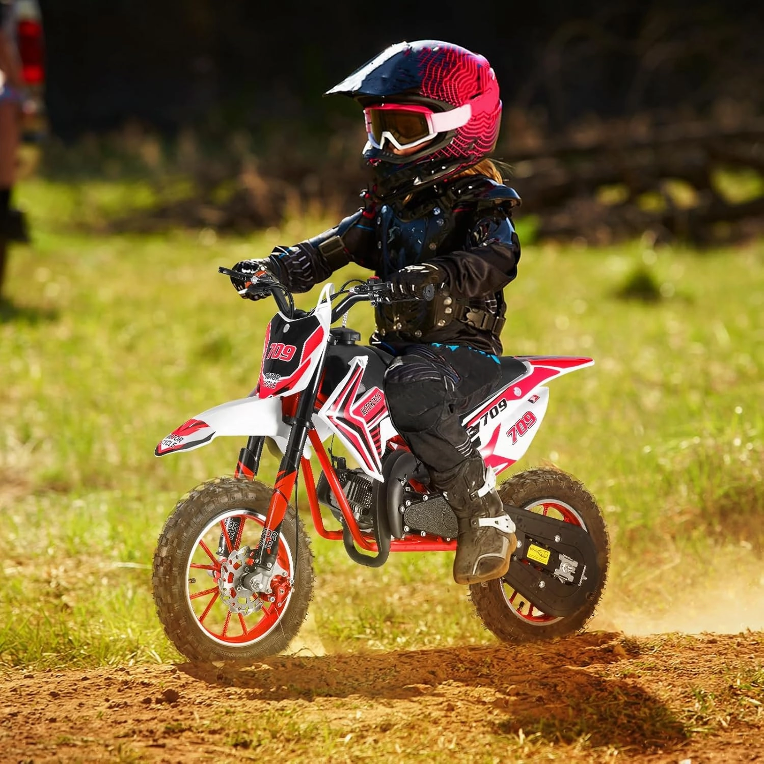 Gas-Powered 49cc 2-Stroke Mini Dirt Bike for Kids, Motocross with Front and Rear Disc Brakes, Shock Absorption Springs, High Seat Cushion, for Boys Aged 8-12 Red