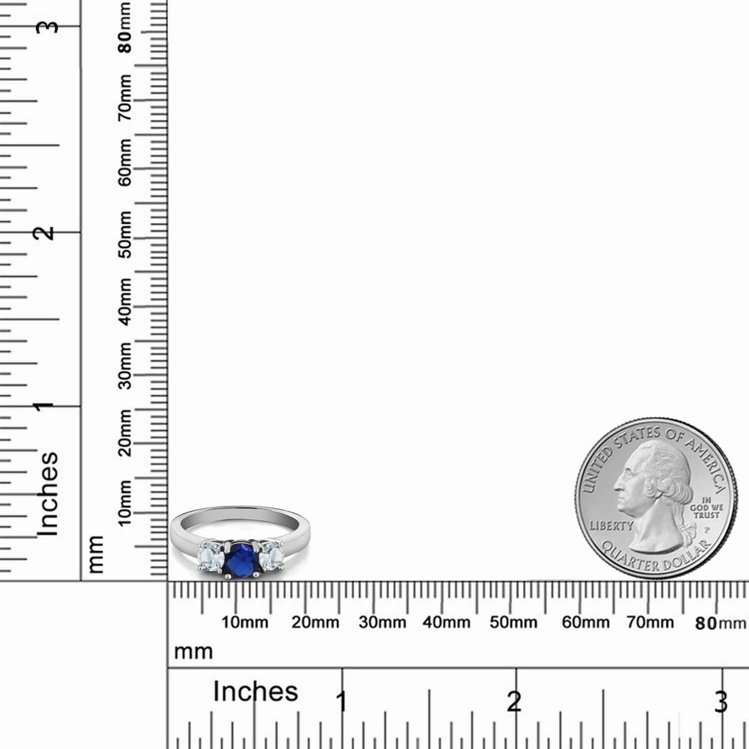 Gem Stone King 925 Sterling Silver Blue Created Sapphire and Sky Blue Aquamarine Ring For Women | 0.99 Cttw | Round 5MM and 4mm | Available In Size 5, 6, 7, 8, 9