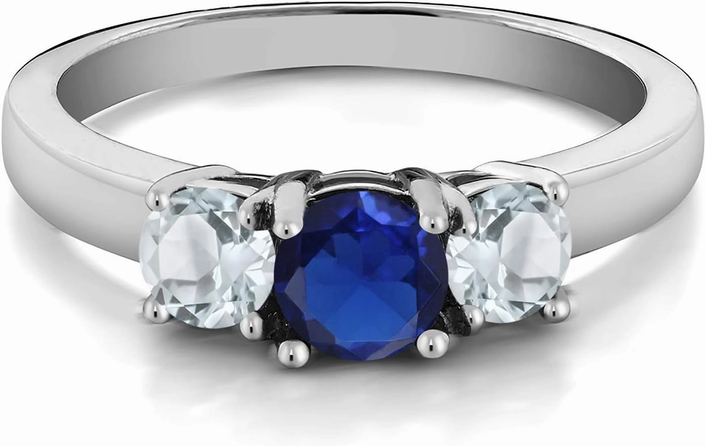 Gem Stone King 925 Sterling Silver Blue Created Sapphire and Sky Blue Aquamarine Ring For Women | 0.99 Cttw | Round 5MM and 4mm | Available In Size 5, 6, 7, 8, 9