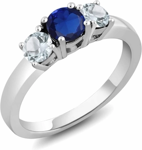 Gem Stone King 925 Sterling Silver Blue Created Sapphire and Sky Blue Aquamarine Ring For Women | 0.99 Cttw | Round 5MM and 4mm | Available In Size 5, 6, 7, 8, 9