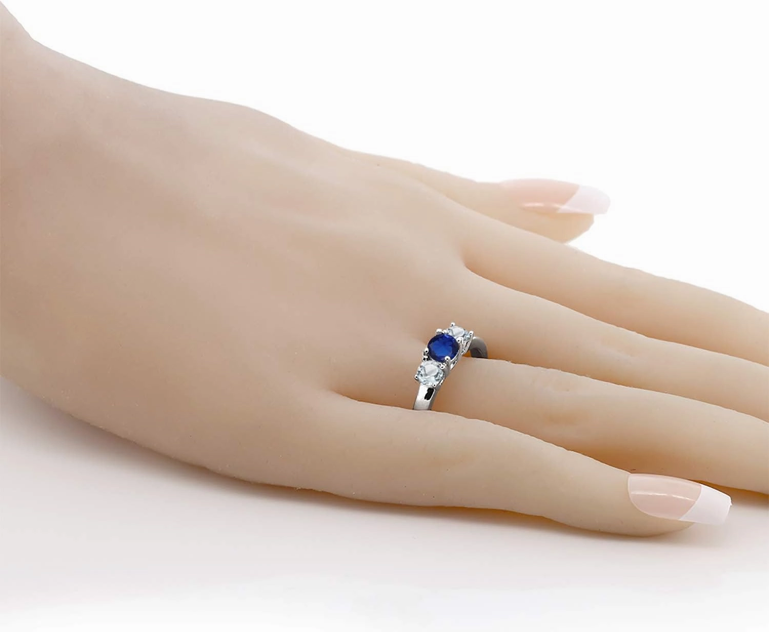 Gem Stone King 925 Sterling Silver Blue Created Sapphire and Sky Blue Aquamarine Ring For Women | 0.99 Cttw | Round 5MM and 4mm | Available In Size 5, 6, 7, 8, 9