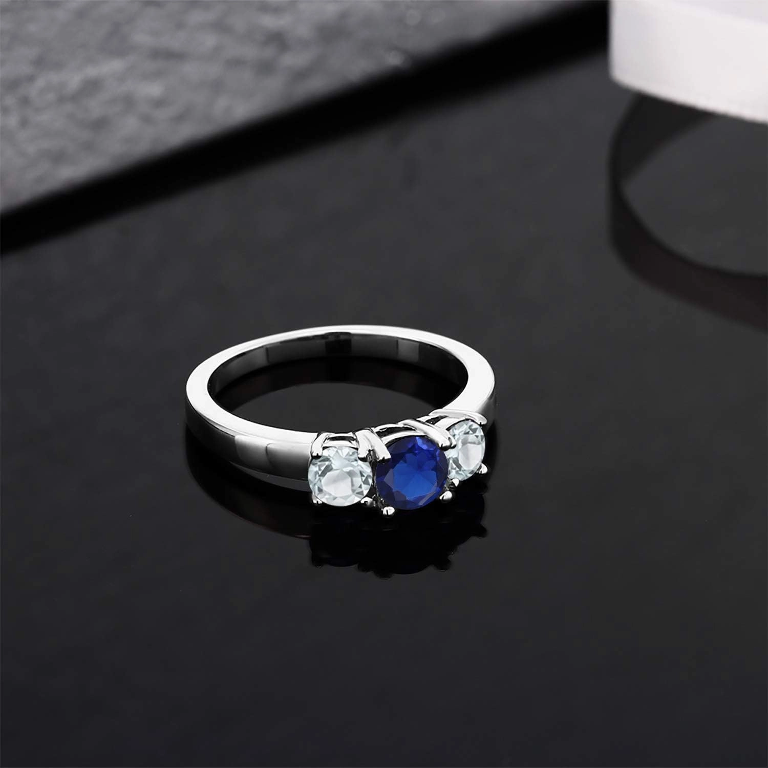 Gem Stone King 925 Sterling Silver Blue Created Sapphire and Sky Blue Aquamarine Ring For Women | 0.99 Cttw | Round 5MM and 4mm | Available In Size 5, 6, 7, 8, 9