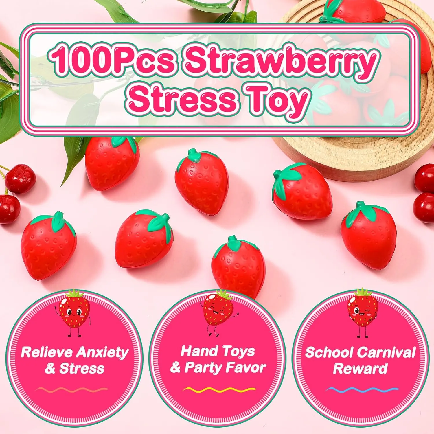 Geosar 24 Pcs 2 Inch Strawberry Stress Balls Mini Foam Strawberry Stretchy Toys Fruit Party Favor Stress Relief Fidget Toy with Storage Bag for School Birthday Gift Bag Filler