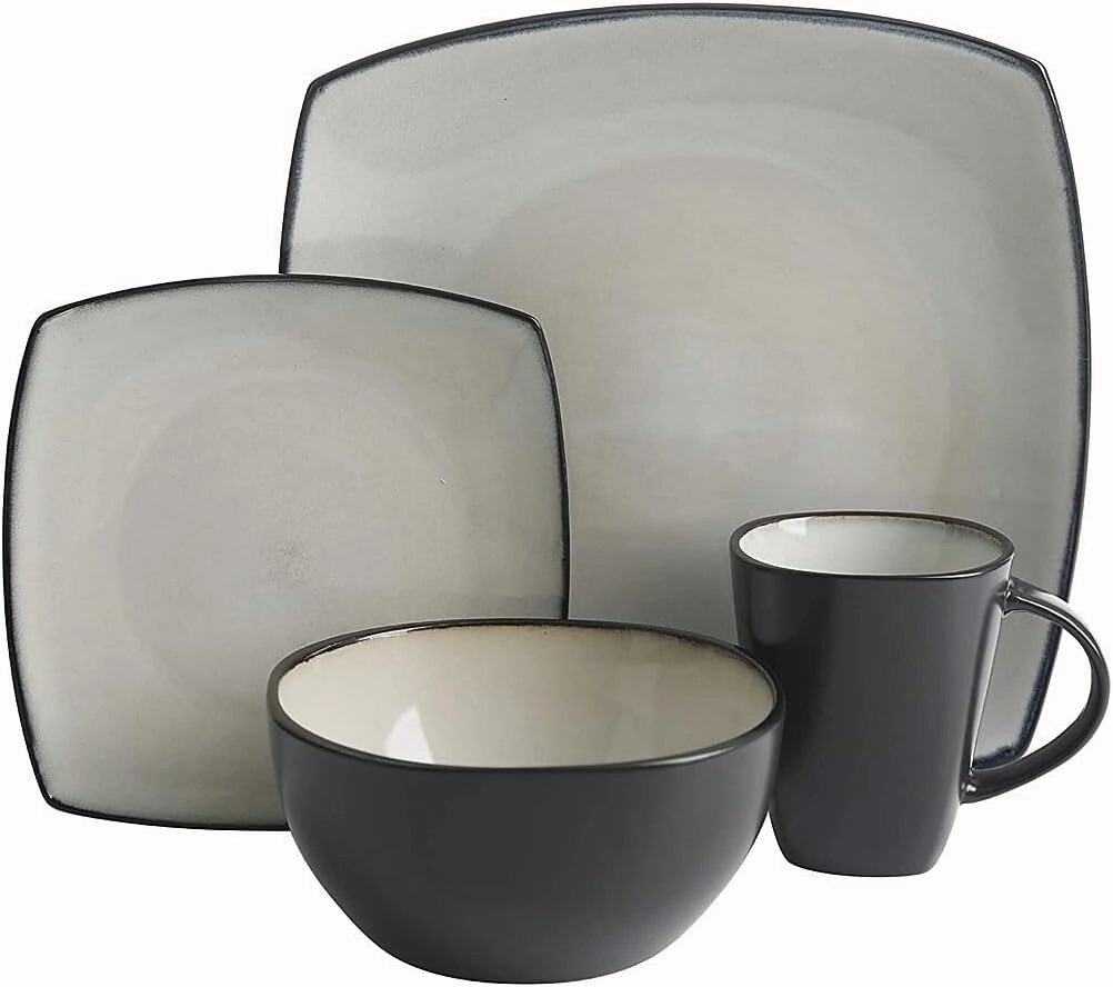 Gibson Soho Lounge Square Reactive Glaze Stoneware Dinnerware Set, Service for 4 (16pc), Sand