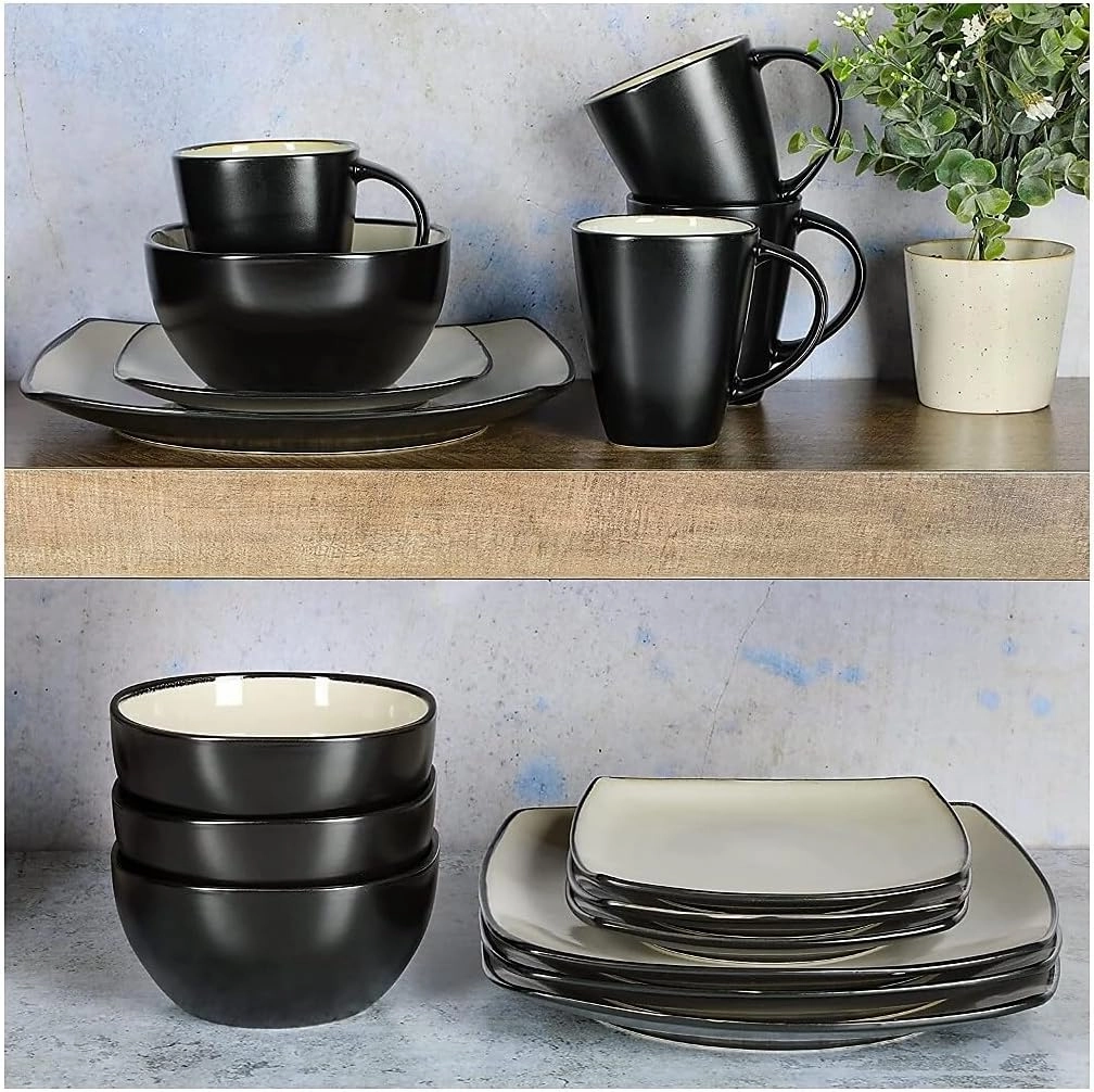 Gibson Soho Lounge Square Reactive Glaze Stoneware Dinnerware Set, Service for 4 (16pc), Sand