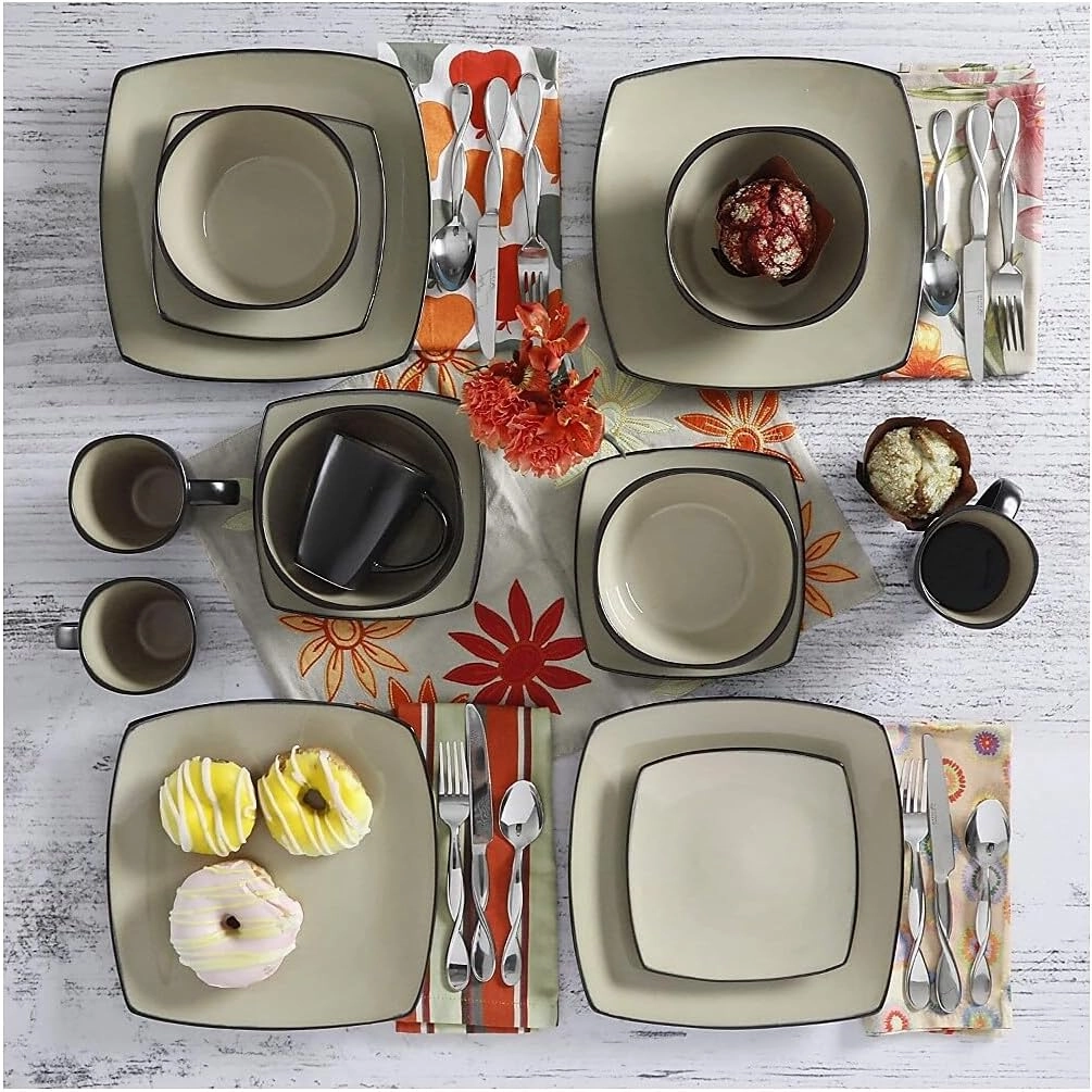 Gibson Soho Lounge Square Reactive Glaze Stoneware Dinnerware Set, Service for 4 (16pc), Sand
