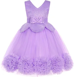 Girls Dress Sloping Bridesmaid Wedding Princess Children's Bow Birthday Ball Party Show Evening Lavender