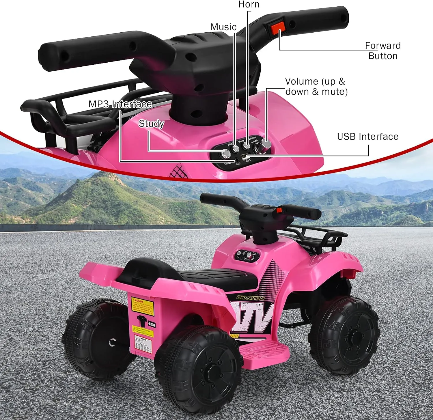 GLACER Kids ATV, Toddler 4 Wheeler w/LED Light, Horn, Music, Storage Box, Wear-Resistant Wheels, USB, MP3, Electric Battery Powered Ride On Toy, Toddler ATV for Kids 18-36 Months (Pink)
