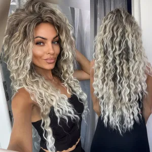 GNIMEGIL 26 inch Ombre Ash Blonde Curly Wig 80s Long Wavy Wigs for Women Fluffy Synthetic Wig Carnival Party Wig Halloween Costume Big Volume Brown Shades Blonde Realistic Wigs for White Women