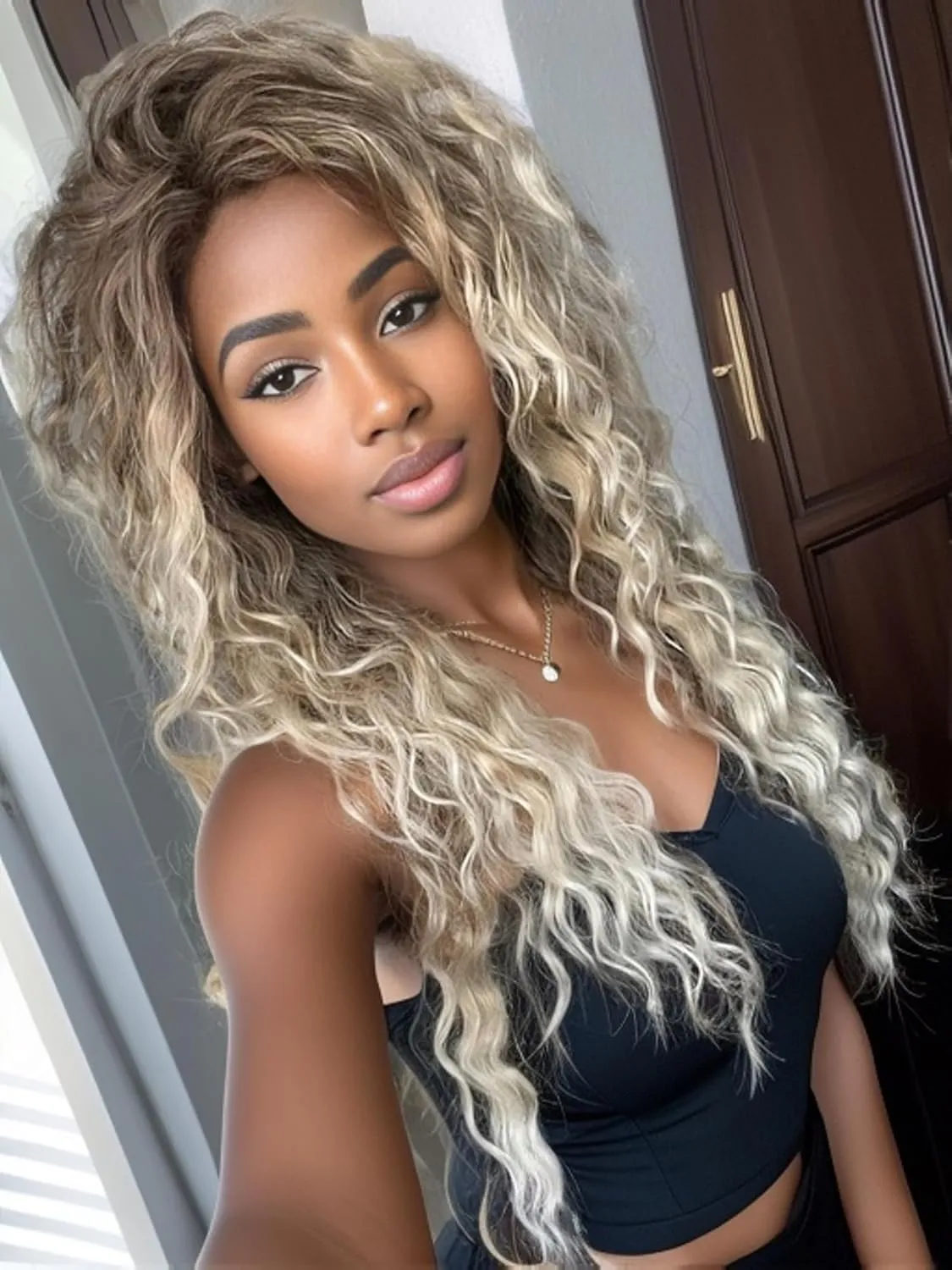 GNIMEGIL 26 inch Ombre Ash Blonde Curly Wig 80s Long Wavy Wigs for Women Fluffy Synthetic Wig Carnival Party Wig Halloween Costume Big Volume Brown Shades Blonde Realistic Wigs for White Women