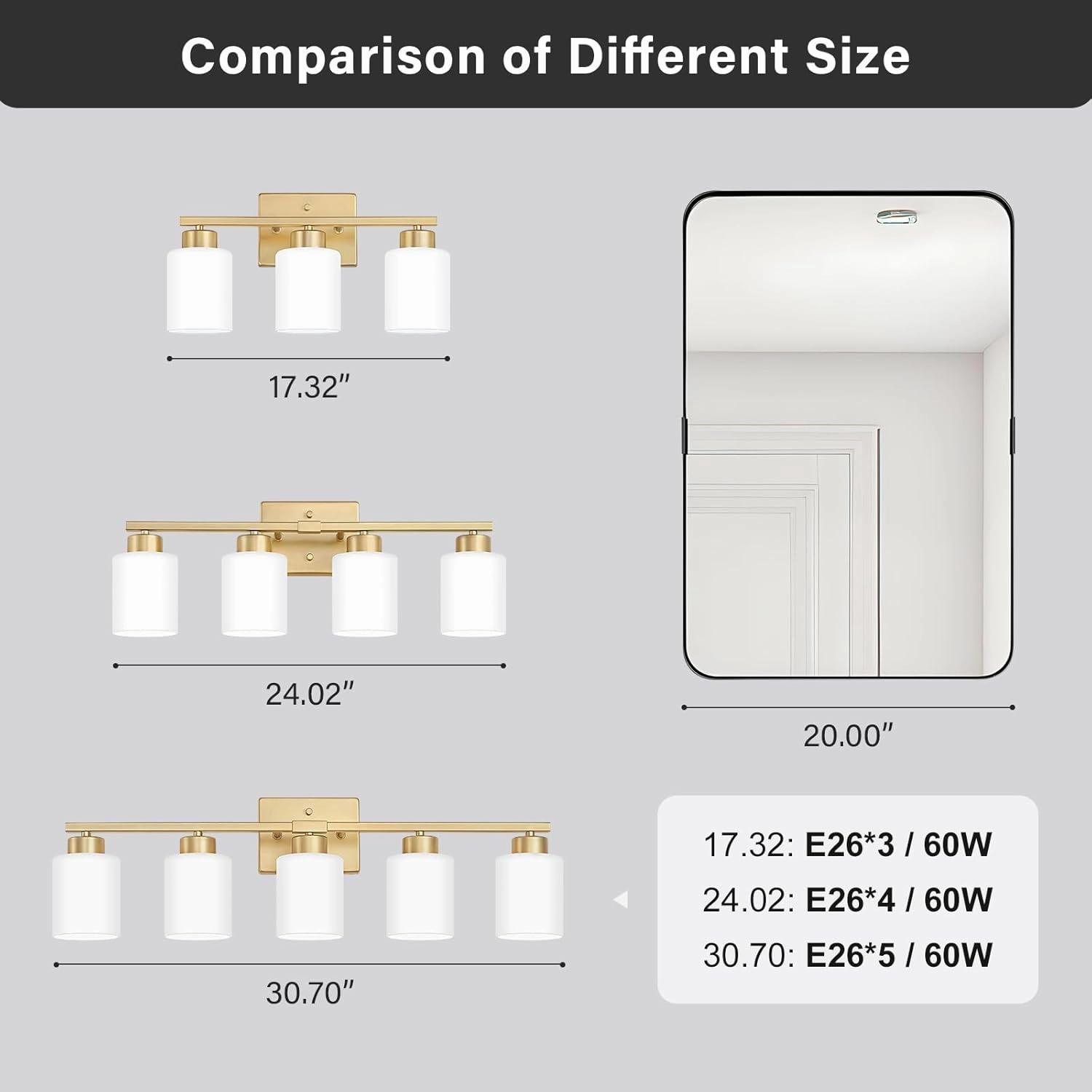 Gold Bathroom Light Fixtures, 3-Light Modern Vanity Light Over Mirror, Wall Sconces with Milky White Frosted Glass Shades, E26 Socket (Bulbs Not Included)