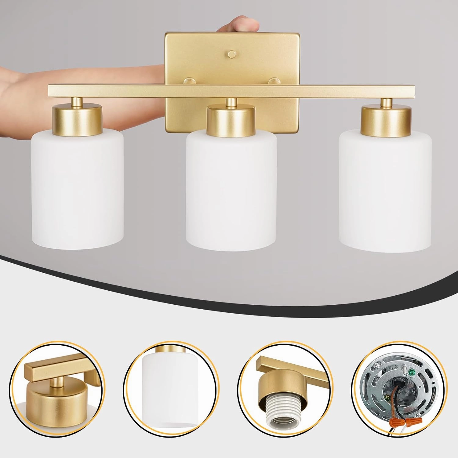 Gold Bathroom Light Fixtures, 3-Light Modern Vanity Light Over Mirror, Wall Sconces with Milky White Frosted Glass Shades, E26 Socket (Bulbs Not Included)