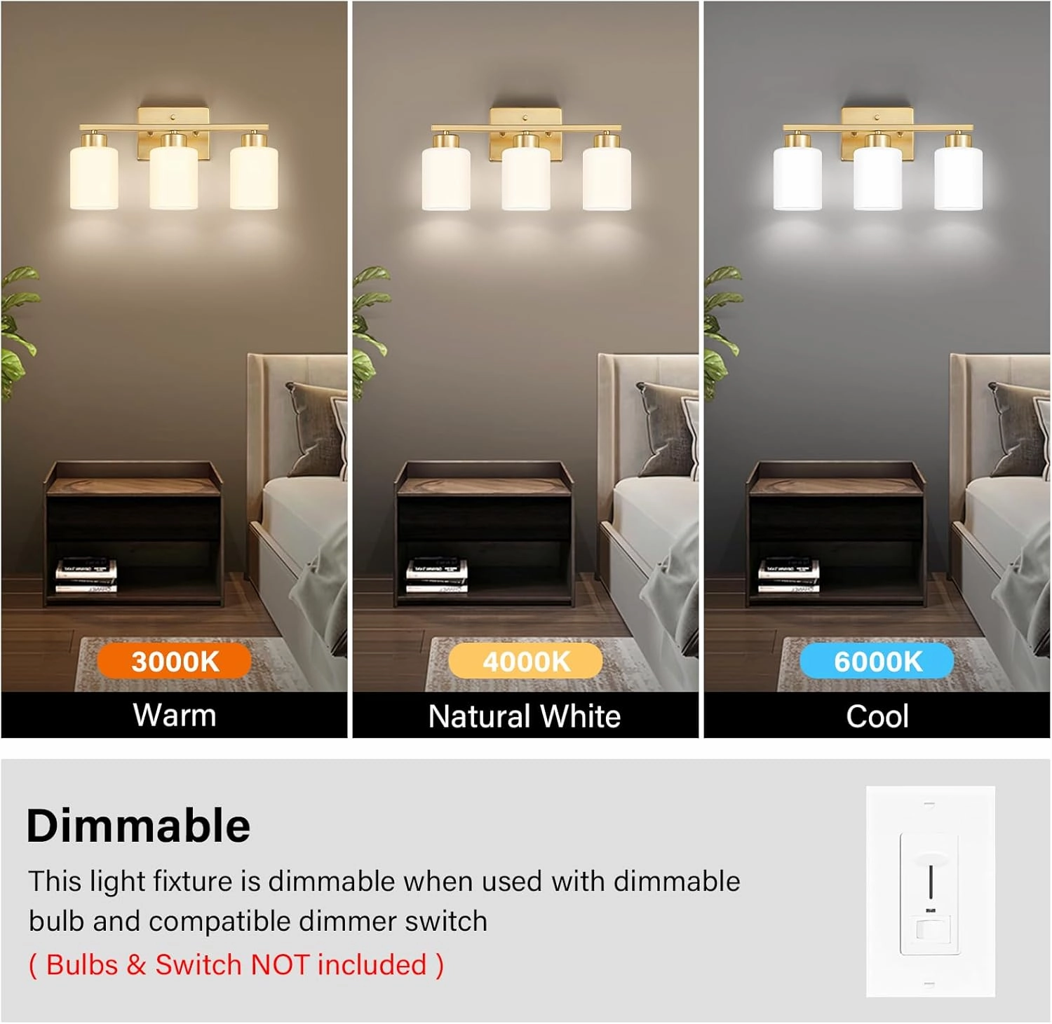 Gold Bathroom Light Fixtures, 3-Light Modern Vanity Light Over Mirror, Wall Sconces with Milky White Frosted Glass Shades, E26 Socket (Bulbs Not Included)