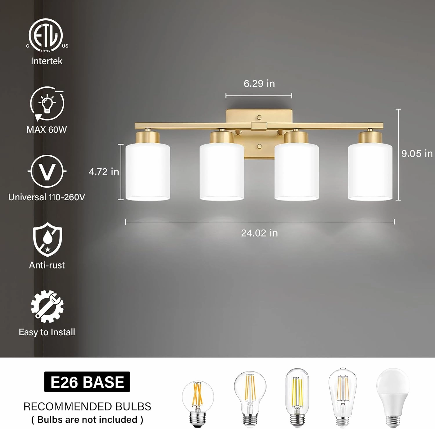Gold Bathroom Light Fixtures, 4-Light Modern Vanity Light Over Mirror, Wall Sconces with Milky White Frosted Glass Shades, E26 Socket (Bulbs Not Included)