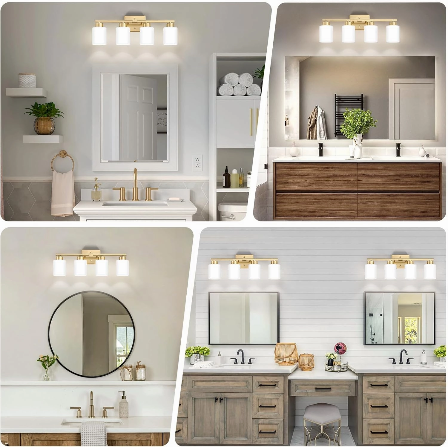 Gold Bathroom Light Fixtures, 4-Light Modern Vanity Light Over Mirror, Wall Sconces with Milky White Frosted Glass Shades, E26 Socket (Bulbs Not Included)