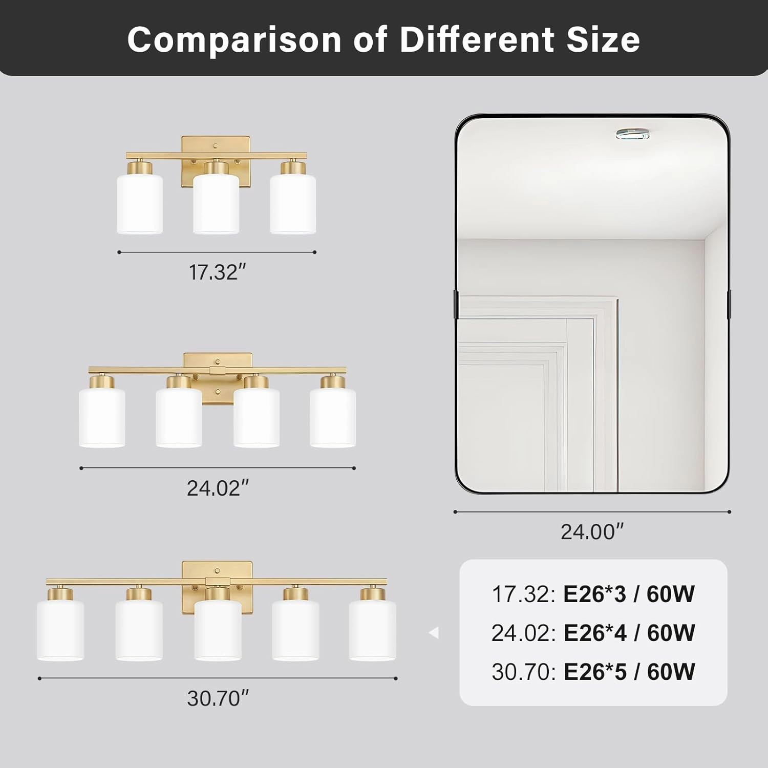Gold Bathroom Light Fixtures, 4-Light Modern Vanity Light Over Mirror, Wall Sconces with Milky White Frosted Glass Shades, E26 Socket (Bulbs Not Included)