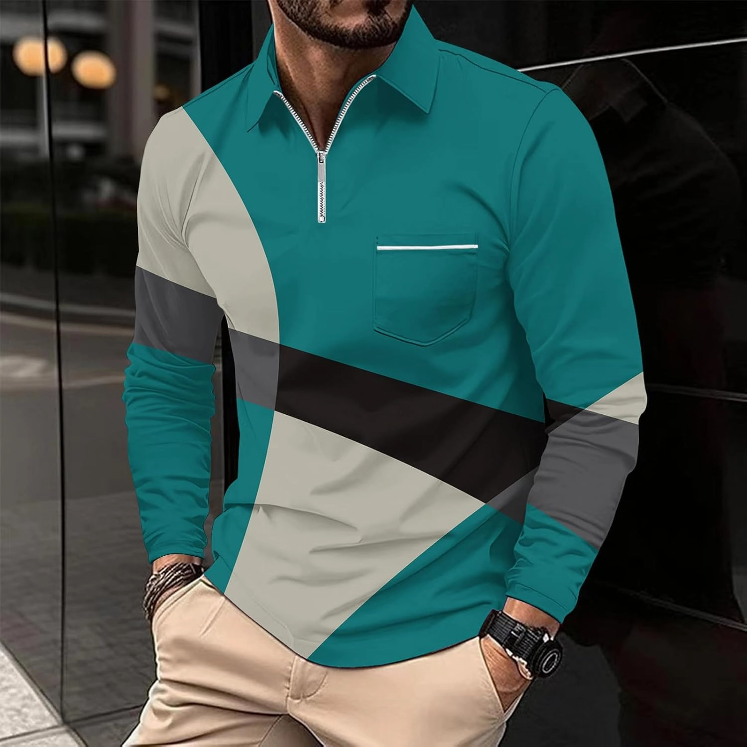 Golf Shirts for Men Lightweight Long Sleeve Quarter-Zip Henley Sweatshirts Loose Fit Color Block Causal Polo Pullover
