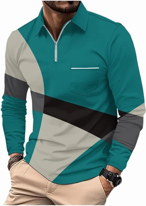 Golf Shirts for Men Lightweight Long Sleeve Quarter-Zip Henley Sweatshirts Loose Fit Color Block Causal Polo Pullover