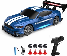 GoolRC RC Drift Car, 1:24 Scale Remote Control Car, 4WD 20KM/H High Speed RC Racing Car, 2.4GHz Electric Sport RC Cars with LED Lights, Drifting and Racing Tires for Kids, Boys and Girls (Blue White)