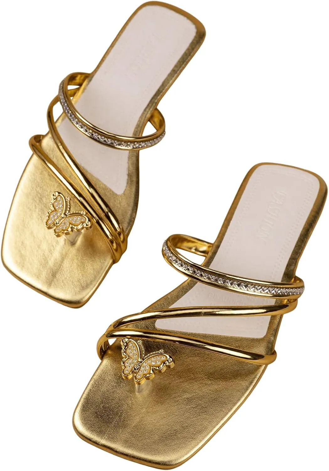 GORGLITTER Women's Summer Gold Beach Flat Cute Sandals 2025 Sparkly Rhinestone Butterfly Metallic Slipper