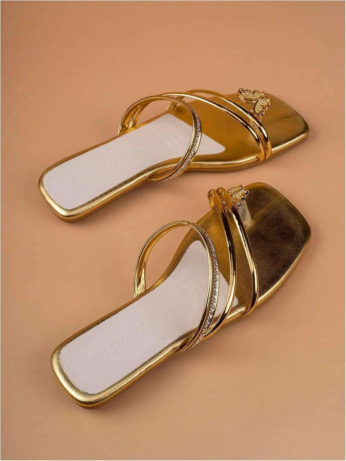 GORGLITTER Women's Summer Gold Beach Flat Cute Sandals 2025 Sparkly Rhinestone Butterfly Metallic Slipper