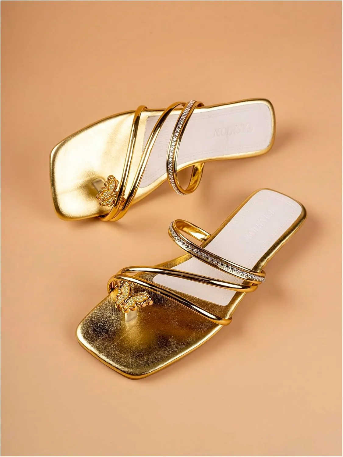 GORGLITTER Women's Summer Gold Beach Flat Cute Sandals 2025 Sparkly Rhinestone Butterfly Metallic Slipper