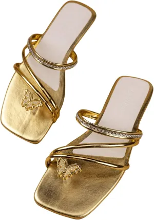 GORGLITTER Women's Summer Gold Beach Flat Cute Sandals 2025 Sparkly Rhinestone Butterfly Metallic Slipper