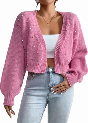 GORGLITTER Women's Faux Pearl Cute Cropped Cardigan Sweater Knit Open Front Drop Shoulder Outwear
